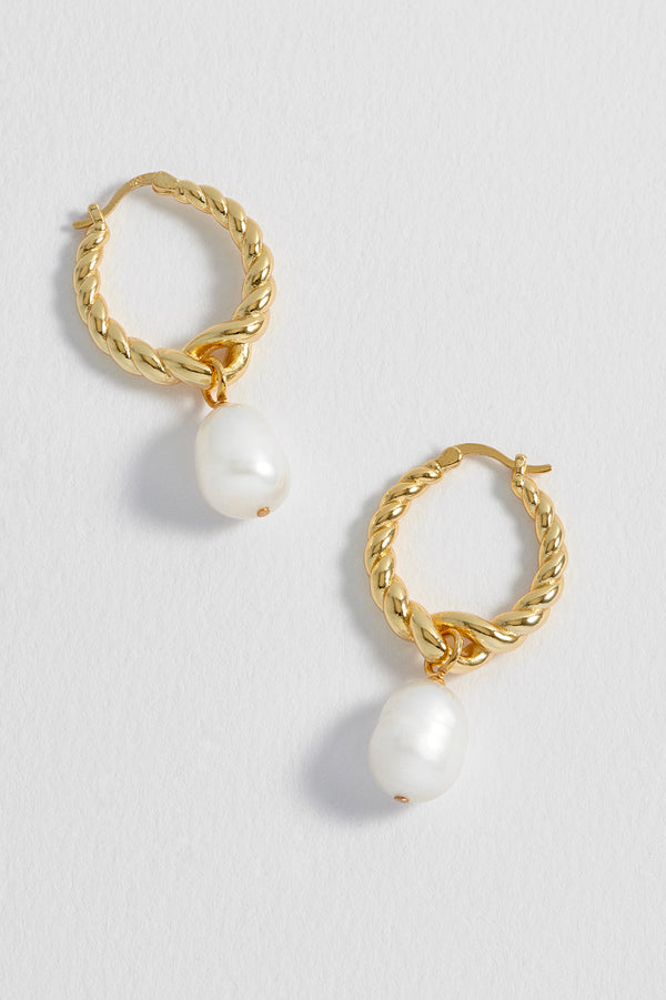 Graduating Twist Pearl Drop Hoop Earrings